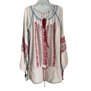 Free People Ivory Embroidered Cotton Gauze Long Sleeve Tunic Boho Peasant